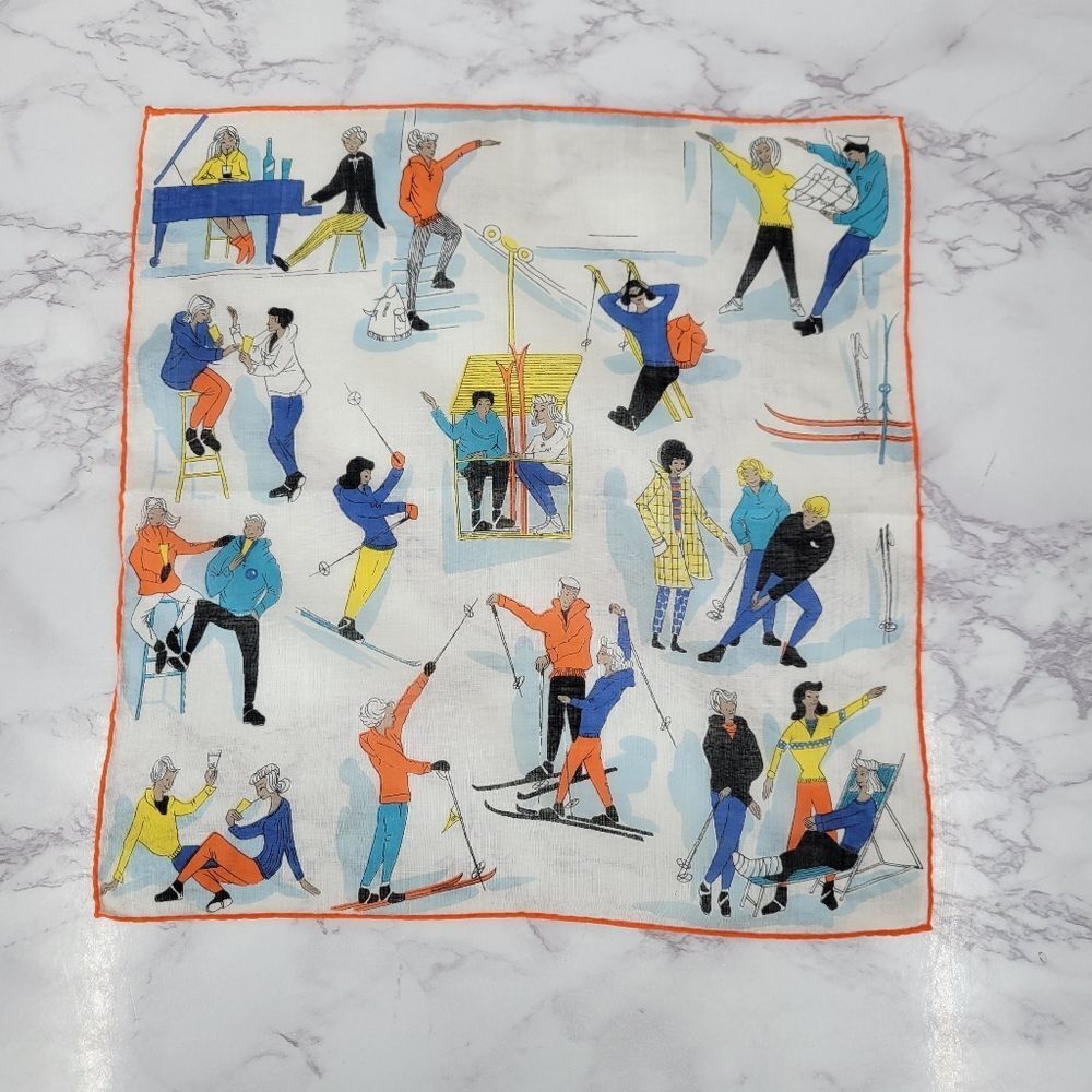 Colorful Vintage Handkerchief Hankie Hanky with Skiers Skiing Ski Resort